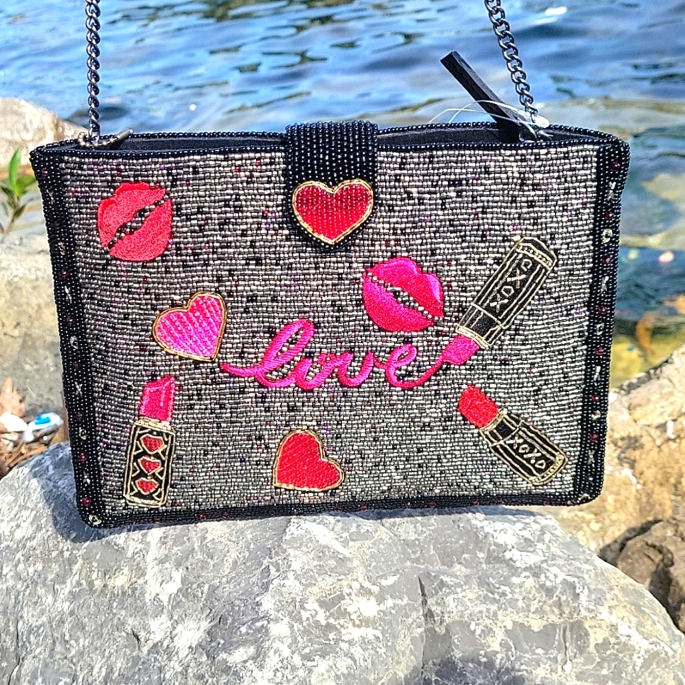 Mary frances kiss and tell lipstick makeup bag crossbody
